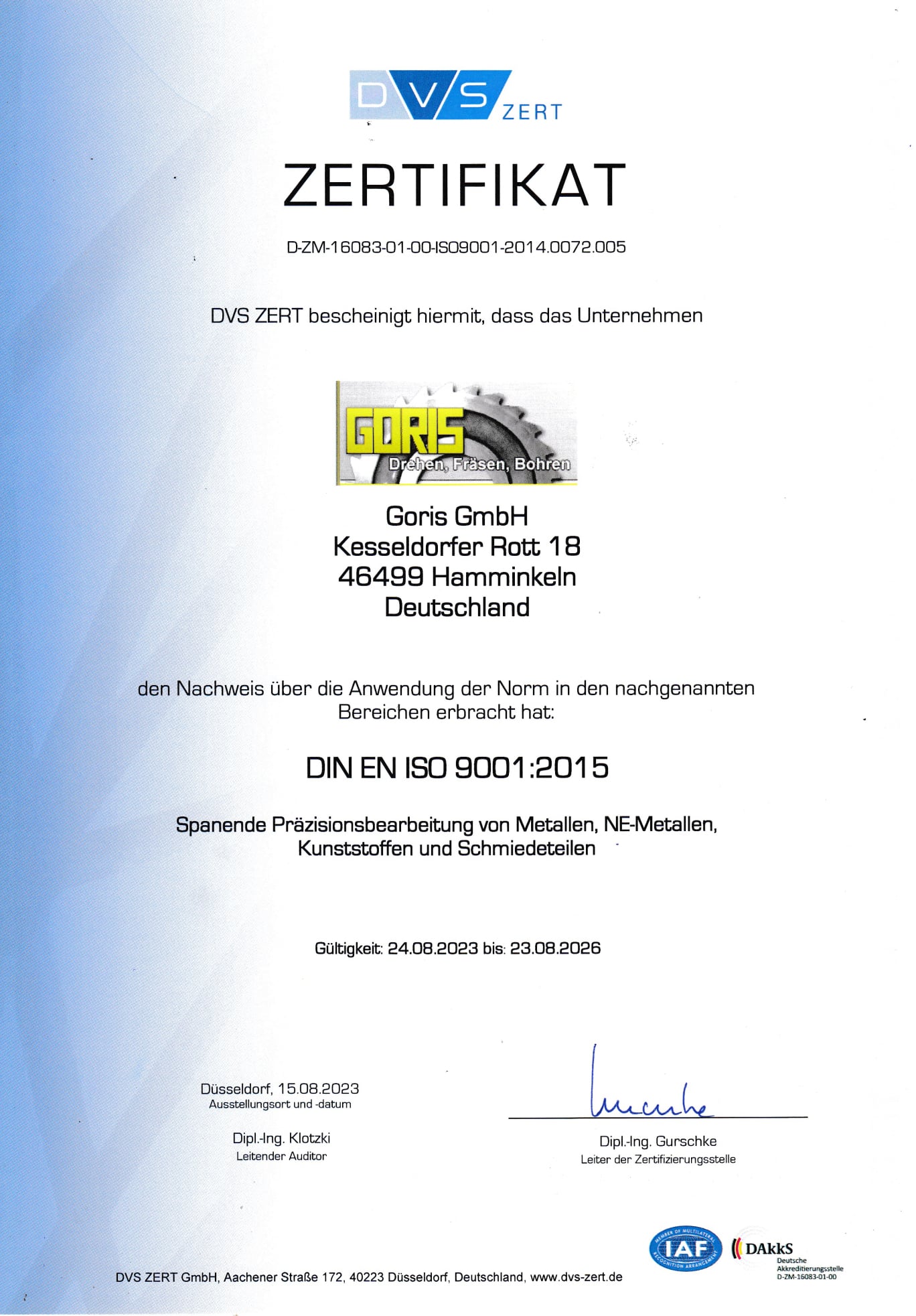 DVS-ZERT-Zertifikat DIN EN ISO 9001:2015 der Goris GmbH